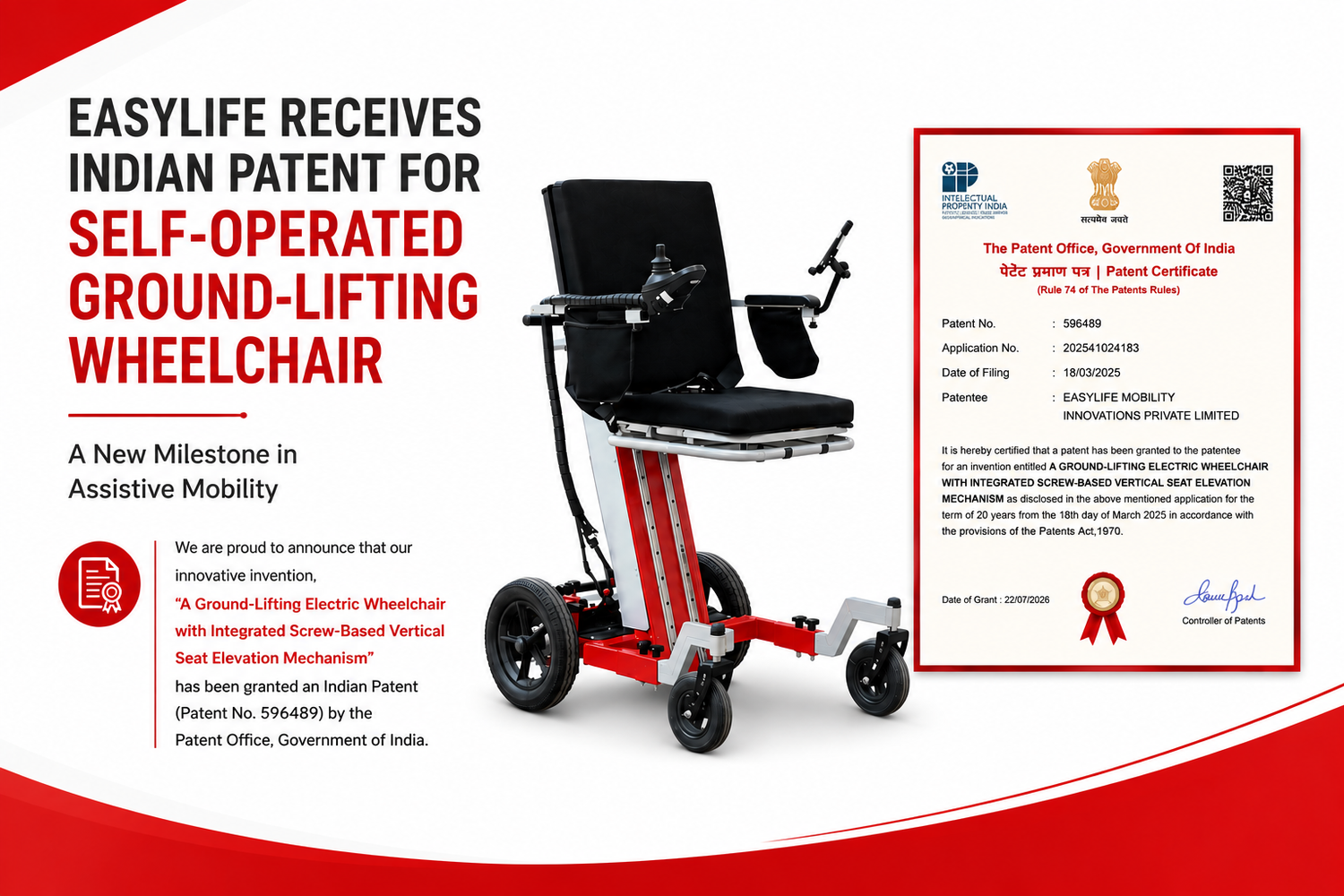 EasyLife Receives Indian Patent for Self-Operated Ground-Lifting Wheelchair