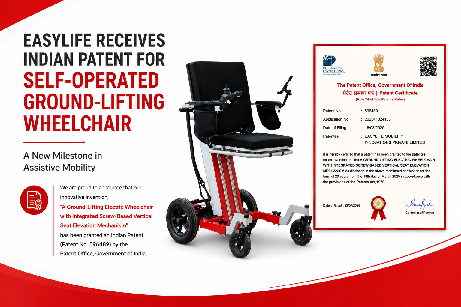 EasyLife Receives Indian Patent for Self-Operated Ground-Lifting Wheelchair