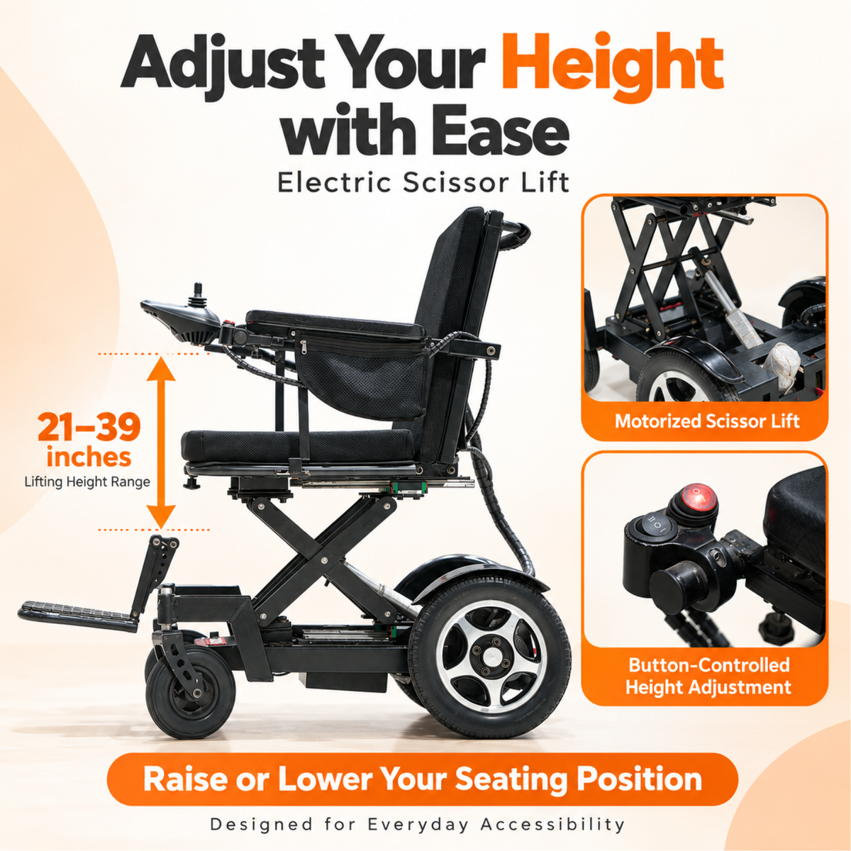 Height Adjustable Power Wheelchair - Scissor Lift Mechanism